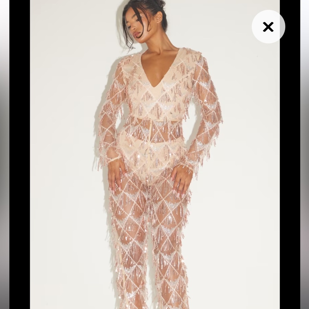 PrettyLittleThing Rose Gold Tassel Sequin Plunge Jumpsuit